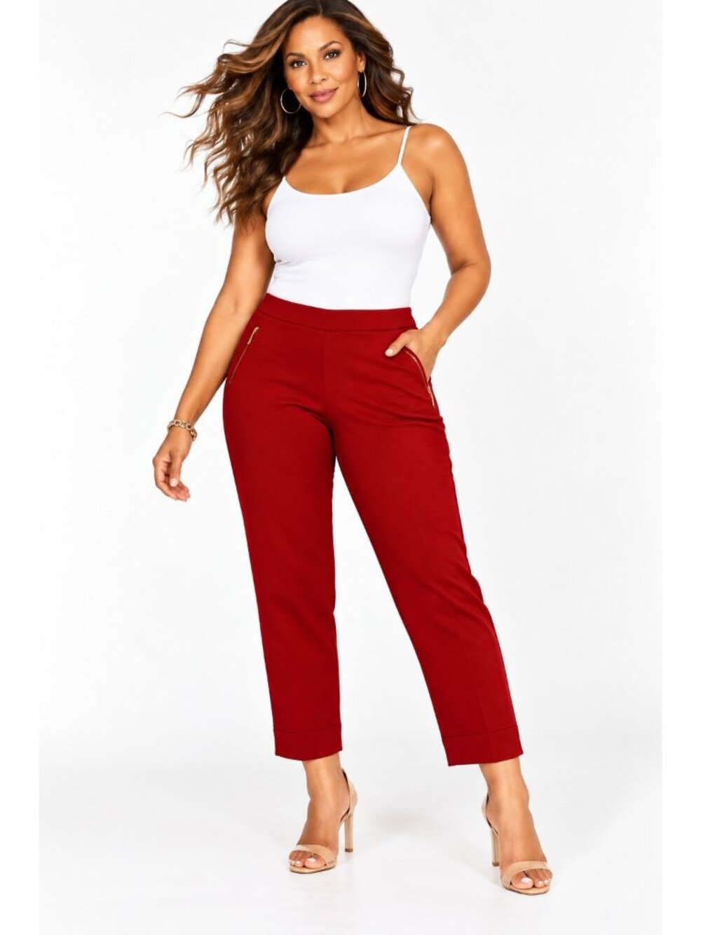 Ivanka Trump Size 14 PULL ON  On Slim-Fit Crop Stretch Pants Pockets Red